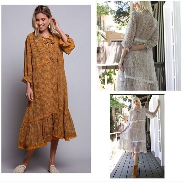 COTTAGE Core  A Shape  Lace Trimmed Dress w/ 3/4 Sleeves - Picture 13 of 16